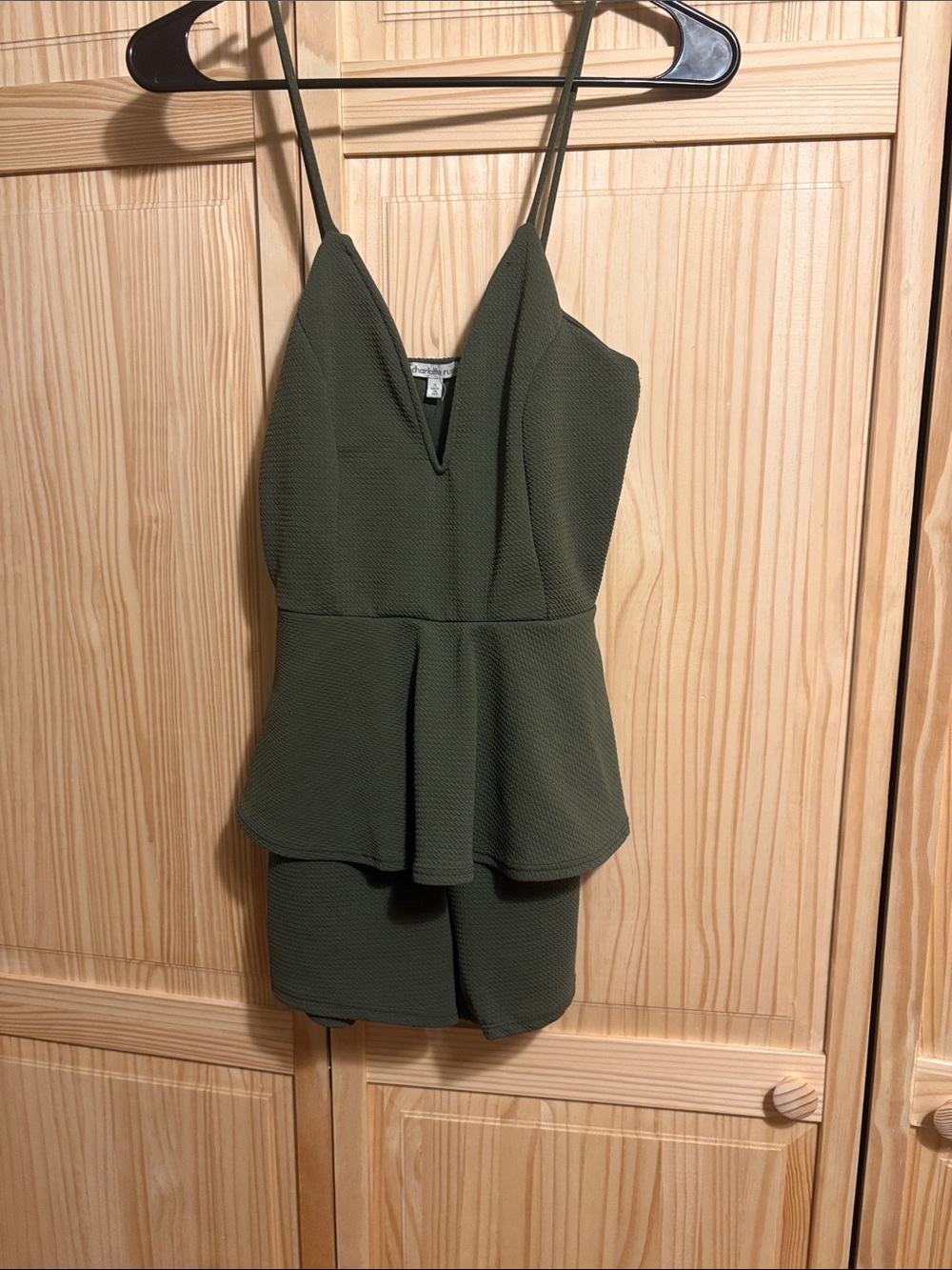 Charlotte Russe Olive Green Peplum Mini Romper with Spaghetti Straps